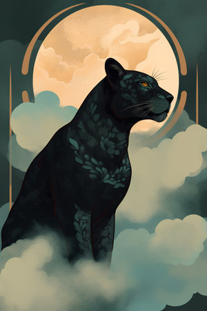 Jaguar in the sky with clouds. Vector illustration of a wild cat.の素材