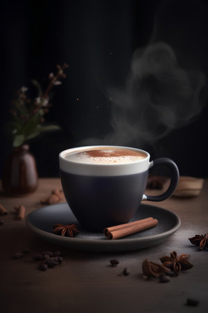 Cup of coffee with cinnamon and anise on a wooden tableの素材