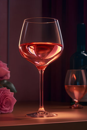 Wineglass with rose wine on the background of wine bottles and rosesの素材