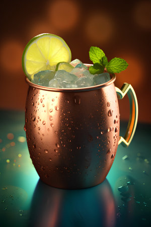 Cocktail with lime, mint and ice in copper cauldronの素材
