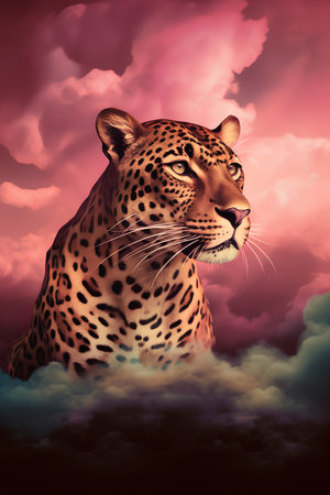 Leopard in the clouds. 3D illustration. Vintage style.の素材