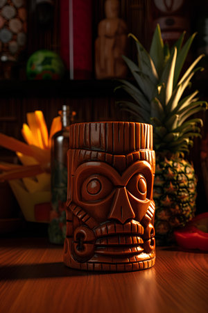 Wooden mask on the background of a wooden barrel with pineapple.の素材