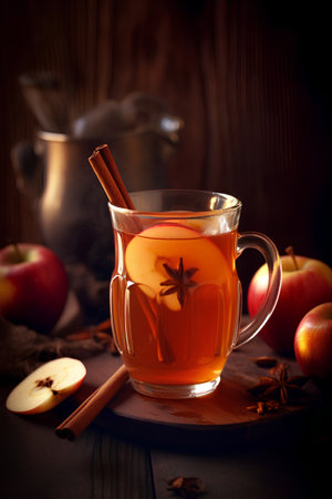 Mulled cider with apples and spices on a dark wooden backgroundの素材