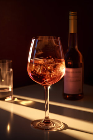 Wine glass with ice cubes and bottle of wine on dark backgroundの素材