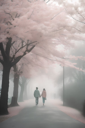 Couple walking in the city park with cherry blossom trees.の素材
