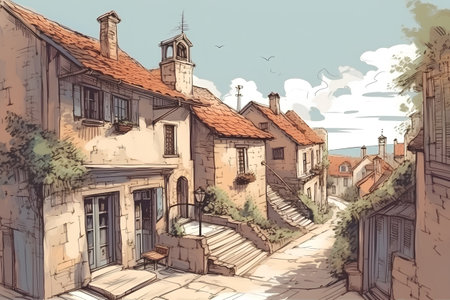 Street view of old european town, sketch for your designの素材