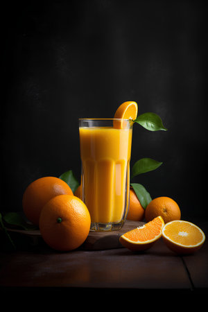 Glass of fresh orange juice with fresh oranges on dark wooden background.の素材