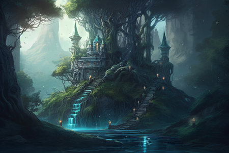 Fantasy landscape with fantasy castle in the forest. 3d renderingの素材