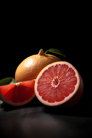 Grapefruit and grapefruit slices on a black background with copy spaceの素材