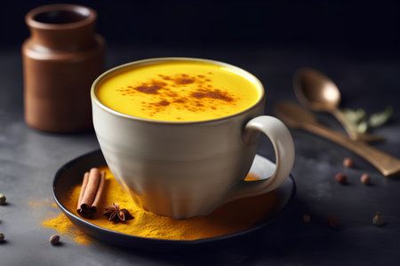 Turmeric latte with cinnamon and cardamom on dark backgroundの素材