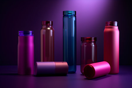 Cosmetic bottles set on a purple background. 3d rendering.の素材