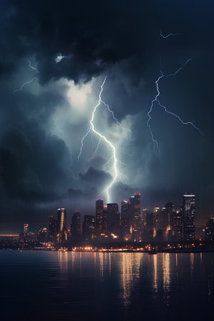 Lightning strikes the city on the background of the night sky.の素材