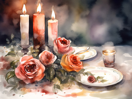 Romantic dinner with red roses and candles. Watercolor painting.の素材