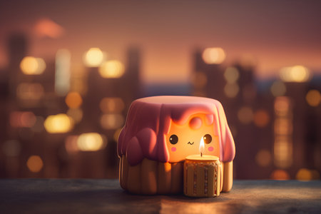 3d rendering of a cute halloween monster cake with a cityscape backgroundの素材