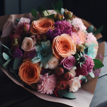 Beautiful bridal bouquet of mixed flowers. The work of the florist at a flower shop.の素材