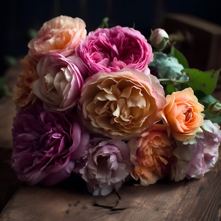 Bouquet of pink and orange roses on a dark wooden backgroundの素材