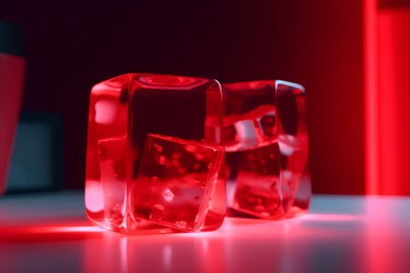 Red ice cubes on a red background. 3d rendering, 3d illustration.の素材