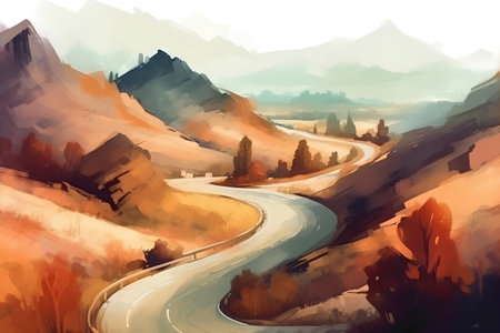 Mountain road in autumn season. Watercolor painting. Vector illustration.の素材