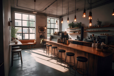 Coffee shop interior with bar counter, chairs and vintage lamps.の素材