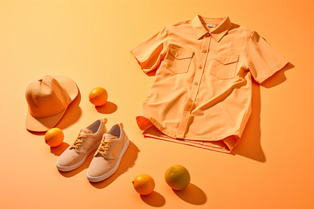 Orange, lemons, sneakers and hat on orange background. Flat lay, top viewの素材