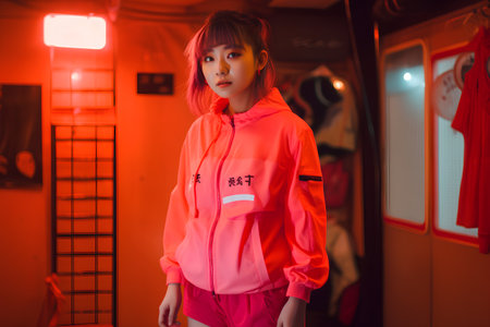 Portrait of a beautiful asian girl in red sportswearの素材