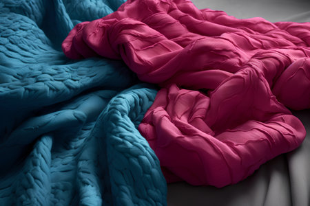 Texture, background, pattern. Cloth knitted in blue and pink. Knitted scarf on a gray background.の素材