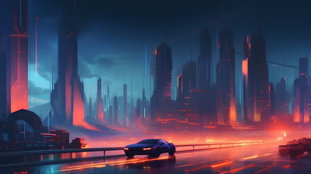 Futuristic city in the fog with a car on the roadの素材