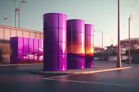 3d rendering of a modern gas station in the city at sunsetの素材