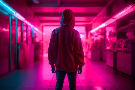 Young man in a hoodie standing in a corridor with neon lightsの素材