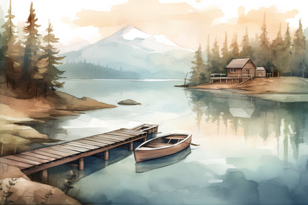 Beautiful mountain lake with wooden pier and boat. Digital watercolor paintingの素材