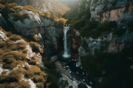 Aerial view of a beautiful waterfall in the mountains. Shot with a drone.の素材