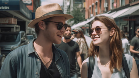 Beautiful young tourist couple is walking in the city. Girl is wearing a hat and sunglassesの素材