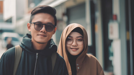 portrait of asian muslim couple walking together in the cityの素材