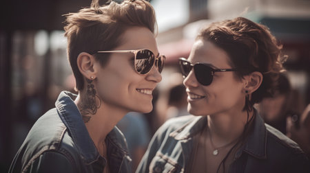 Two beautiful young hipster women in sunglasses smiling and looking at each otherの素材