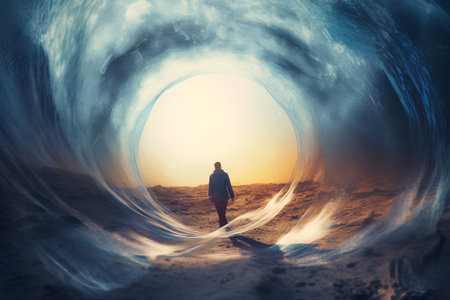 Surrealism. Man in a tunnel with a hole in the wallの素材
