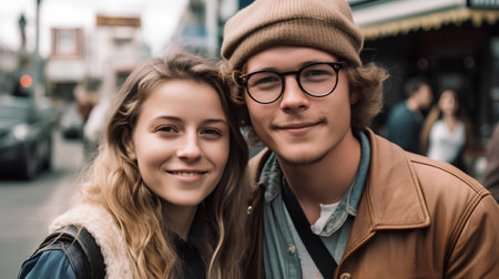 portrait of smiling young couple in eyeglasses on city streetの素材