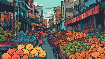 Fruits and vegetables on the street of Istanbul. Vector illustration.の素材