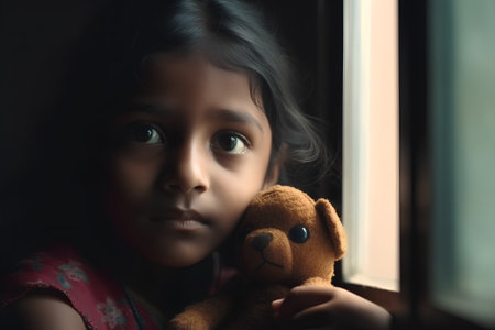 Little girl with teddy bear looking out the window at home.の素材