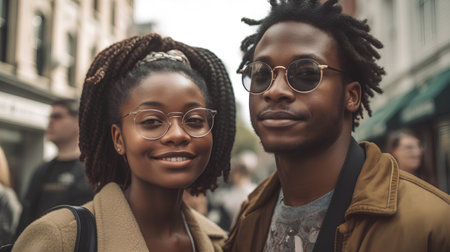 Portrait of two african american women in eyeglasses on the streetの素材
