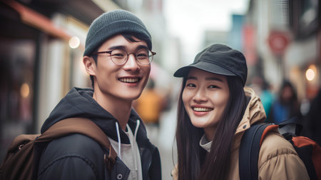 Young asian couple walking in the city. Travel and lifestyle concept.の素材