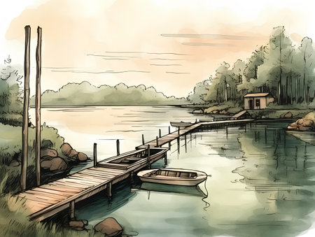 Sketch of a fishing pier on the lake. Vector illustrationの素材