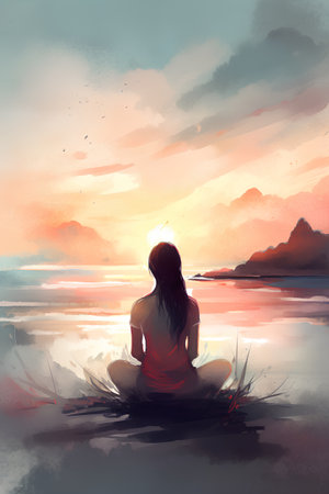 Woman meditating on the beach at sunset. Digital watercolor paintingの素材
