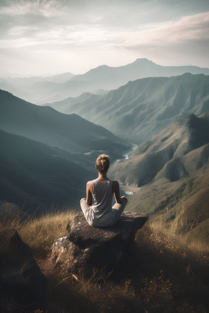 Young woman meditating on the top of a mountain in the morningの素材