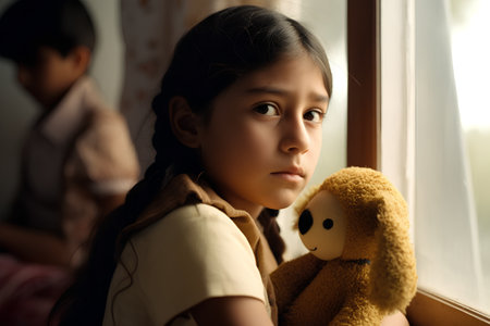 Sad asian girl with teddy bear looking out the window.の素材