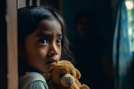 Sad asian little girl holding teddy bear and looking through the windowの素材
