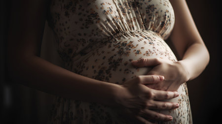 Pregnant woman touching her belly with hands. Close up.の素材