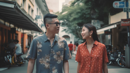 Young asian couple walking in the city. Asian man and Asian woman walking together.の素材