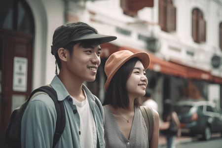 Young asian couple traveling together in the city. Travel lifestyle concept.の素材
