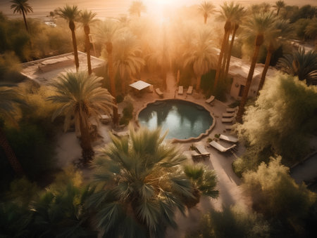 Aerial view of luxury swimming pool surrounded by palm trees at sunsetの素材