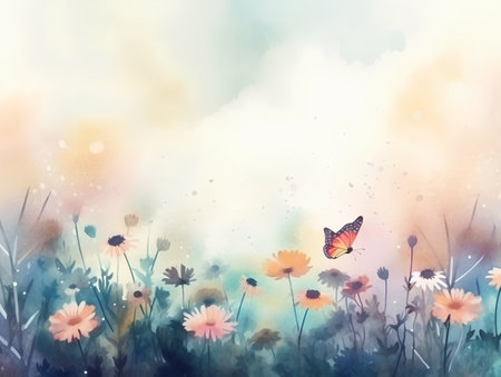 Summer meadow with daisies and butterfly. Watercolor illustration.の素材